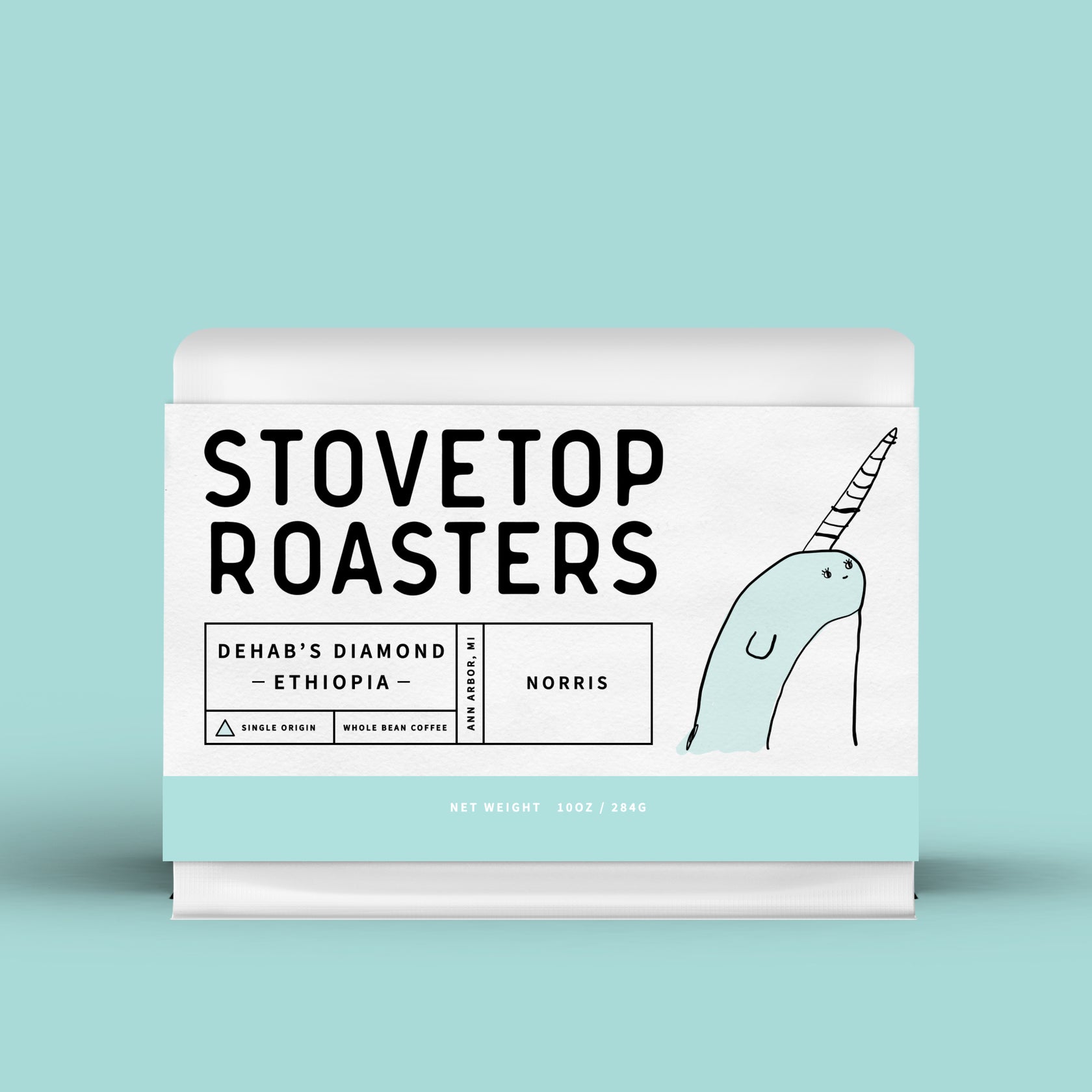 A white bag of coffee beans from Rosso Coffee Roasters